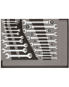 Gedore skralle- og fastnøkkelsett i 3/3 skummodul, 22 deler